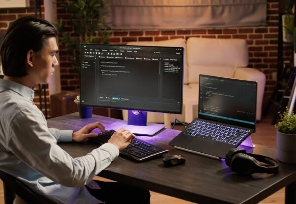Male system hacker coding security program on pc software Male system hacker coding security program on pc software, programming firewall data on encryption server. Using computer to code application script on display. .